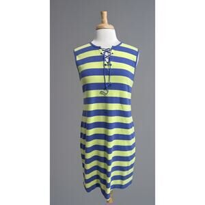 Vintage C&B SPORT Striped Ribbed Tank Dress sz L Retro Summer Chartreuse Purple